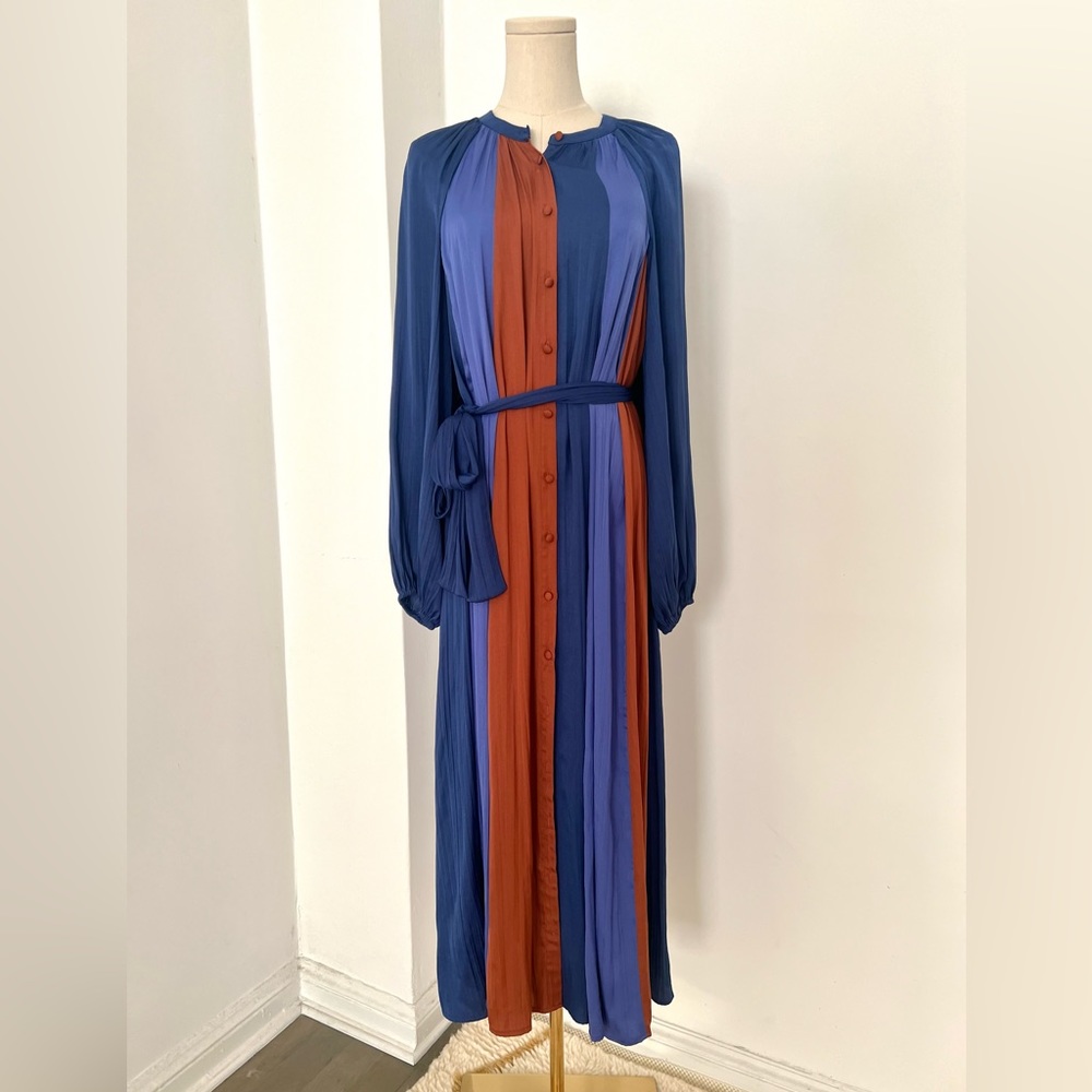Anthropologie Maeve Striped Maxi Dress in Navy, Rust & Periwinkle